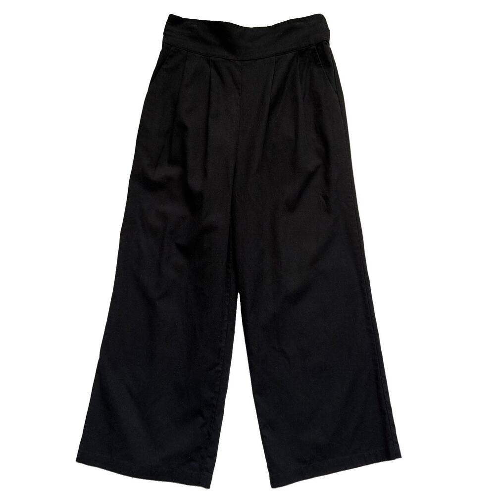 Kourt Wide Leg Cropped Linen Blend Pants Womens Medium Black Pull On Pockets